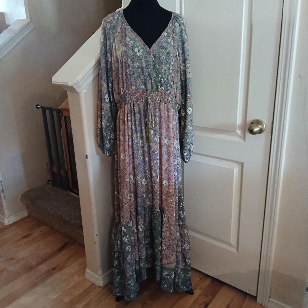 Boemo Anthropologie Floral Long Sleeve Tiered Maxi Dress Peasant Boho 1X Cottage - Picture 1 of 7